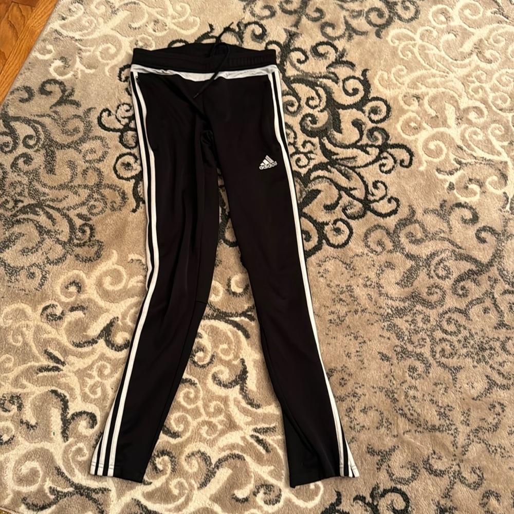 ADIDAS CLIMACOOL XS TRACK PANTS BLACK W/ WHITE STRIPES. ZIPPERED POCKETS & LEGS